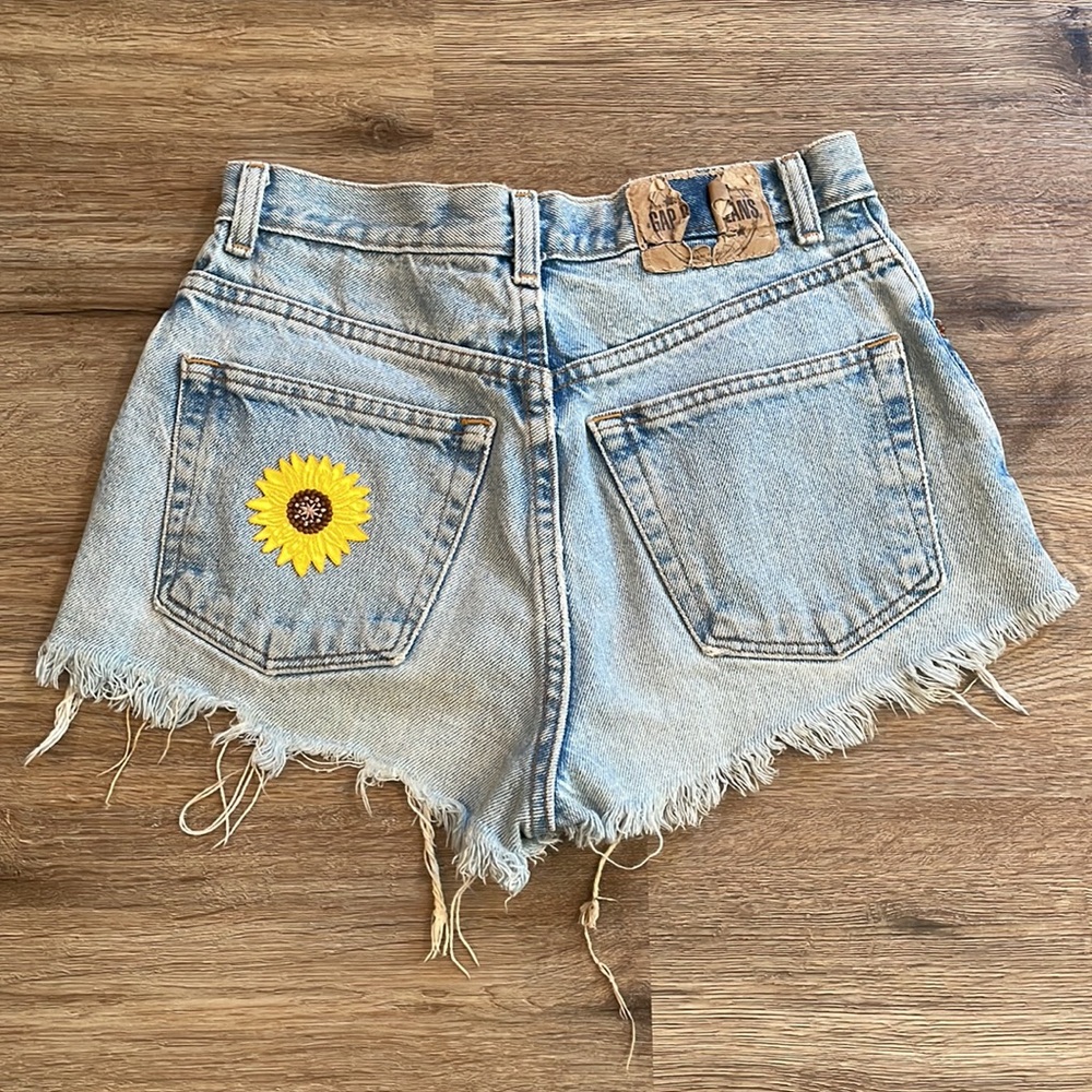GAP Factory Upcycled Distressed Vintage Cut Off Jean Shorts with Sunflower Patch